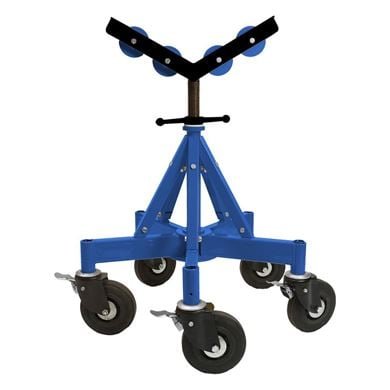 Blue rolling stand with adjustable height and wheels
