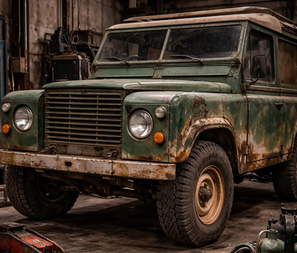 Old, rusty green vintage off-road vehicle in garage.