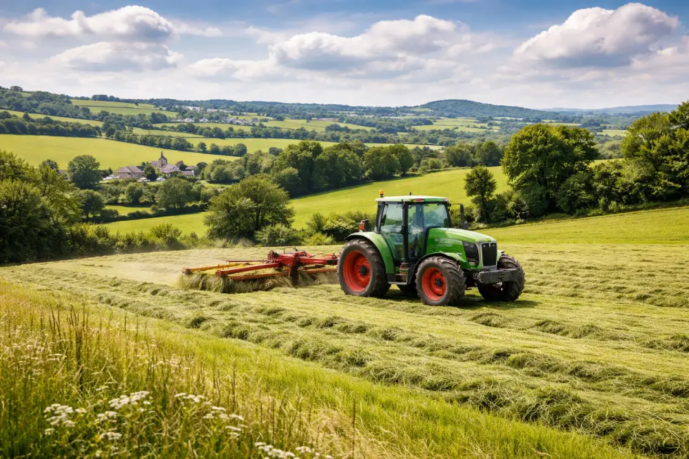 Tractor mowing lush green fields under blue skies.
