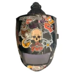Welding helmet adorned with various colorful stickers.