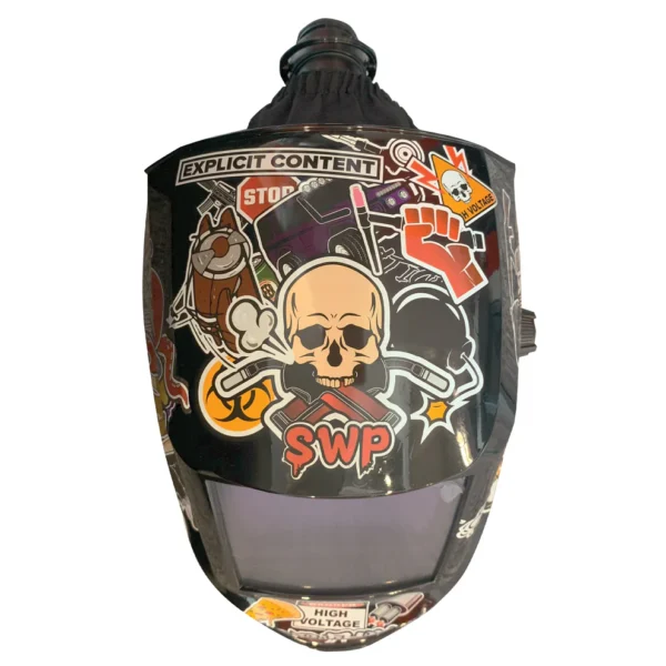 Welding helmet adorned with various colorful stickers.