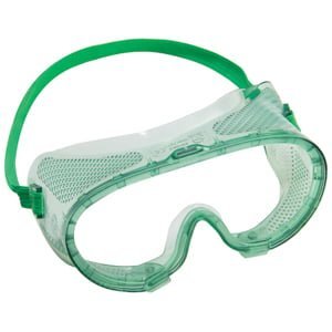 Protective goggles with a green strap.