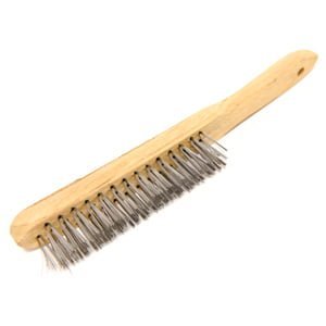 Metal bristle brush with a wooden handle.