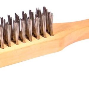 Wooden grooming brush with metal bristles.