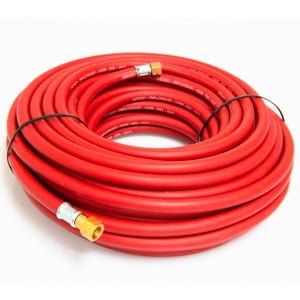 Coiled red air hose with metal connectors