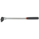 Chrome ratchet wrench with rubber grip handle.
