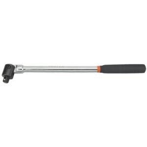Chrome ratchet wrench with rubber grip handle.