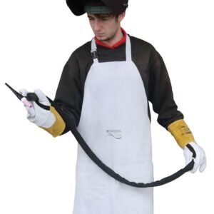 Welder preparing equipment with protective gear on