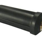 Black cylindrical connector with brass pin