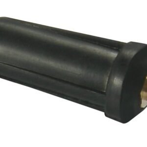 Black cylindrical connector with brass pin