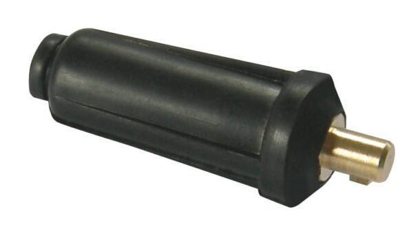 Black cylindrical connector with brass pin