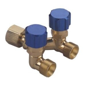 Brass manifold valves with blue knobs.