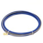 Coiled blue plumbing hose with metal fittings