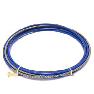 Coiled blue plumbing hose with metal fittings