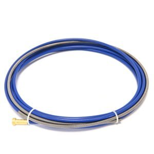 Coiled blue hose with metal fittings