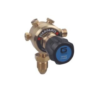 Oxygen pressure regulator with adjustable dial and connections.