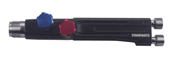 Black hose fitting with colored knobs, brand Starparts.