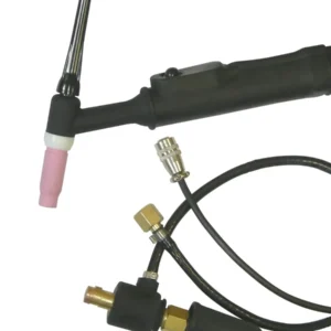 TIG welding torch with cables and connections.