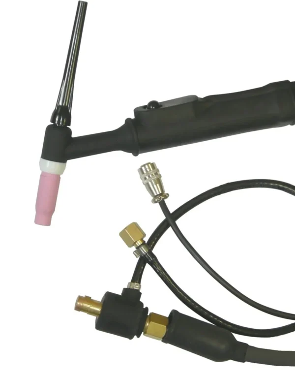 TIG welding torch with cables and connections.