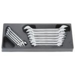 Set of chrome wrenches in organizer tray.
