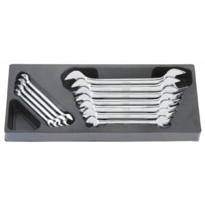 Set of chrome wrenches in organizer tray.