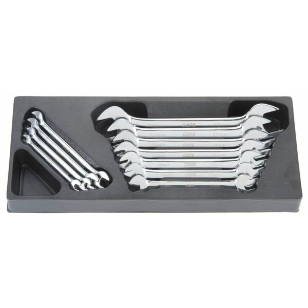 Set of chrome wrenches in organizer tray.