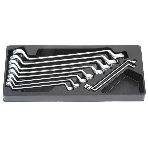 Set of chrome wrenches in a storage tray.
