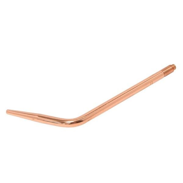 Copper welding torch tip with a curved design.