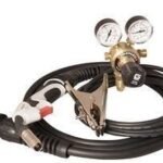 Welding regulator with hoses and pressure gauges.