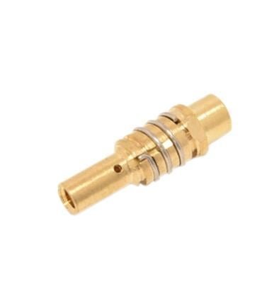Brass connector with rings for secure fitting.