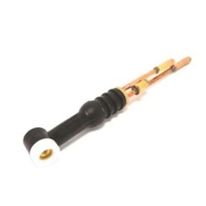 Electrical connector with rubber grip and metal prongs.