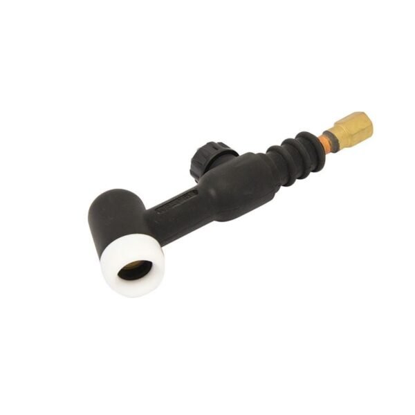 Black pressure washer spray gun attachment with white tip.