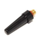 Black welding torch nozzle with golden threaded end.