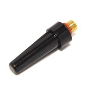 Black welding torch nozzle with golden threaded end.
