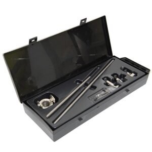 Tool kit with various metal components and rods.