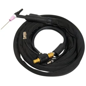 Welding torch cable with connector and nozzle.