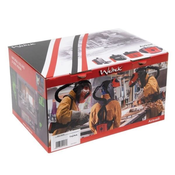 Welding mask packaging with safety features illustrated