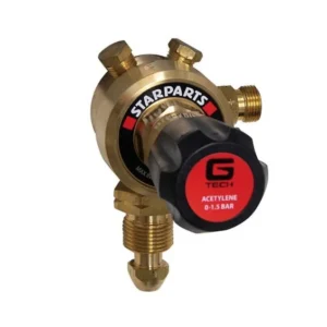 Brass acetylene regulator with pressure gauge.