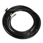 Black pressure washer hose coiled on white background.