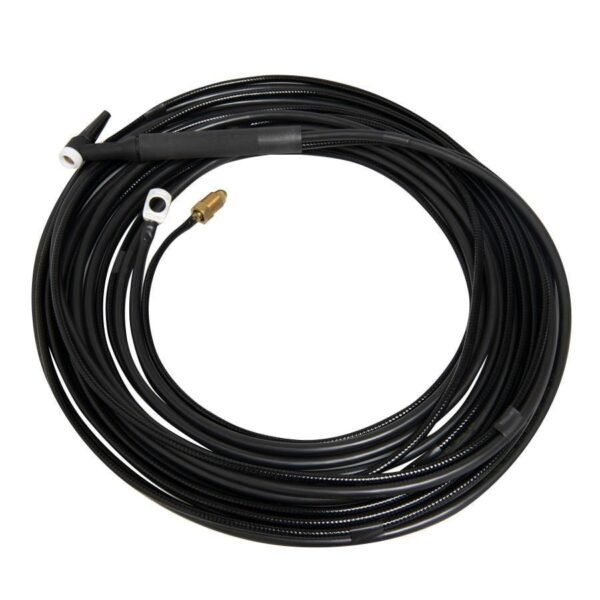 Black pressure washer hose coiled on white background.