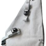 White fabric with adjustable black buckles.