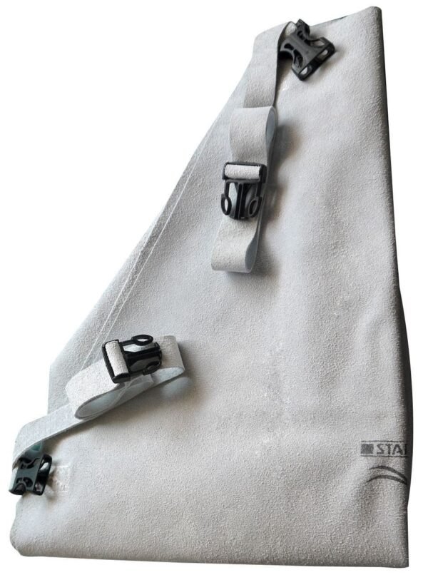 White fabric with adjustable black buckles.
