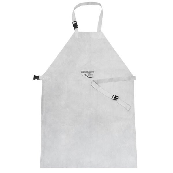 White apron with adjustable straps and buckle