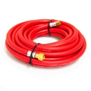 Coiled red air hose with brass fittings