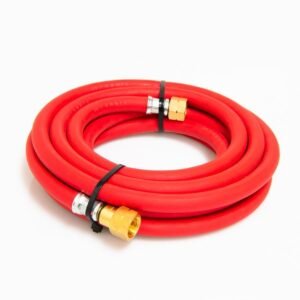Coiled red garden hose with connectors