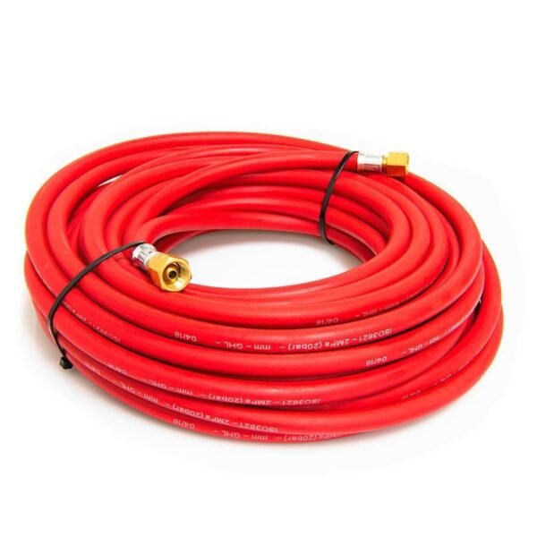Coiled red hose with brass connector