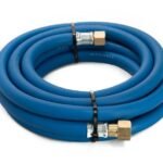 Coiled blue hose with metal fittings