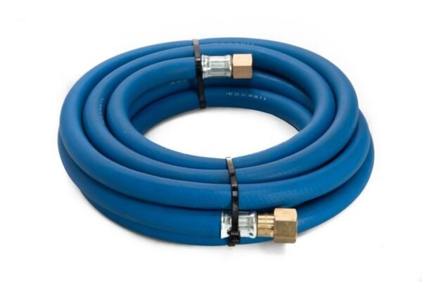 Coiled blue hose with metal fittings