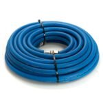Coiled blue garden hose ready for use