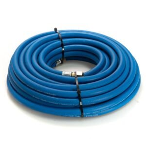 Coiled blue garden hose ready for use